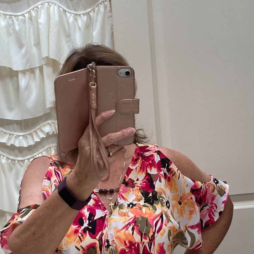 Pink/Orange Floral Cold Shoulder Keyhole Top Size Small